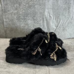 WILD PAIR Women's Black Paiyge Chain Faux-Fur Slide Slip-On Slippers SZ 6